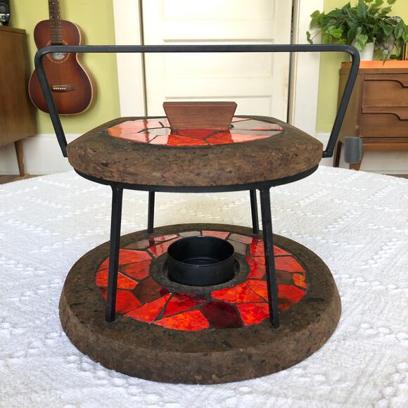 VTG 1960s Jon Matin Signed Mosaic Cork Iron Candle Warmer Trivet Stand MCM Rare - Picture 2 of 16